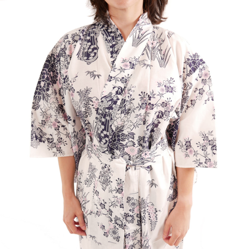 kimono yukata traditionnel japonais blanc en coton fleurs pivoine et beautés japonaises pour femme