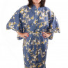 kimono giapponese yukata in cotone blu, SHIRAUME, fiori di prugna bianca