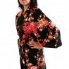 happi japonés kimono algodón negro, SAKURA PEONY, peonía y flores de cerezo