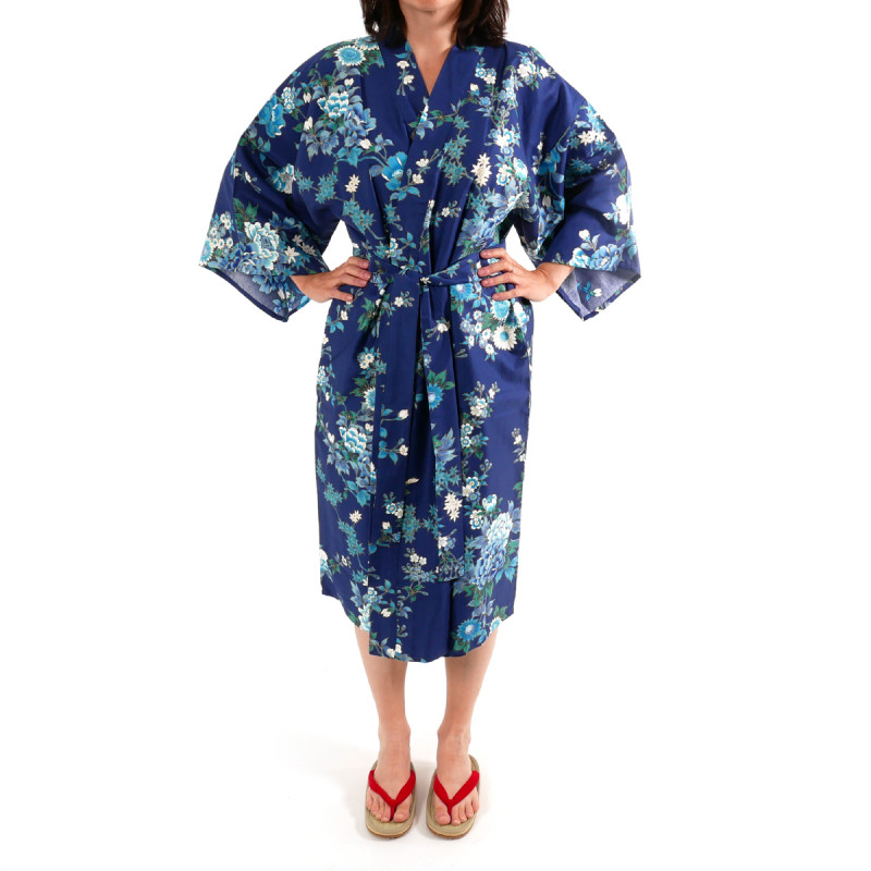 Happi kimono giapponese in cotone blu satinato, SAKURA PEONY, peonia e fiori di ciliegio