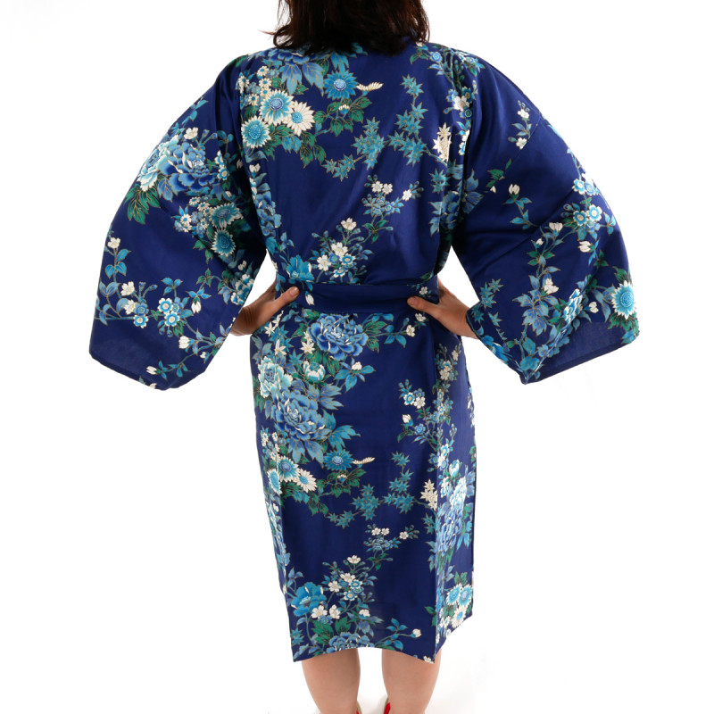 Happi japanische Kimonoblaue Satin-Baumwolle, SAKURA PEONY, Pfingstrose und Kirschblüten