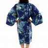 happi kimono traditionnel japonais bleu en coton satin pivoine et fleurs de cerisier pour femme