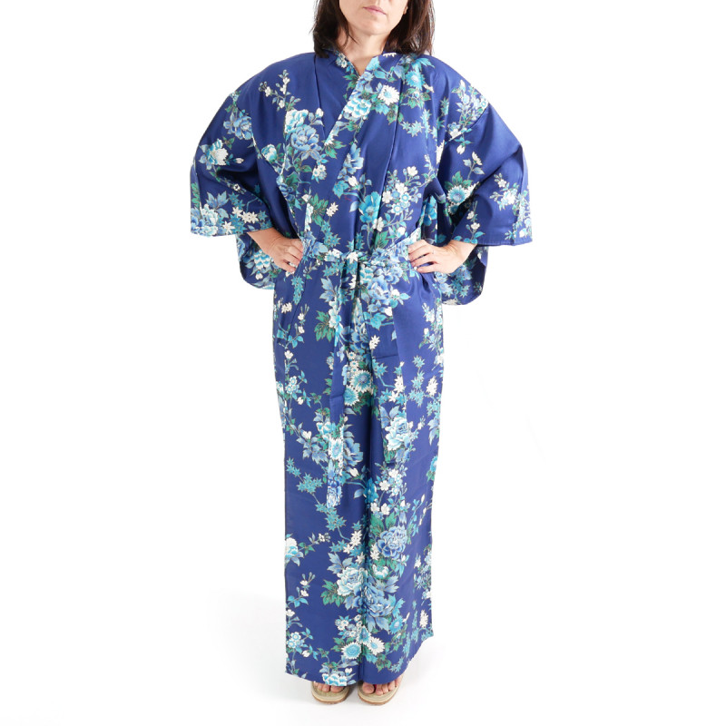 Kimono de algodón azul japonés, SAKURA PEONY, peonía y flores de cerezo