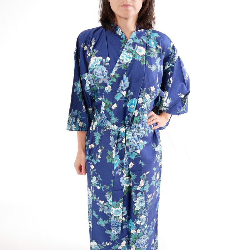 Japanischer blauer Baumwoll-Kimono, SAKURA PEONY, Pfingstrose und Kirschblüten