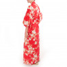 japanische Yukata Kimono rote Baumwolle, SAKURA TSURU, Kirschblüten und Kraniche