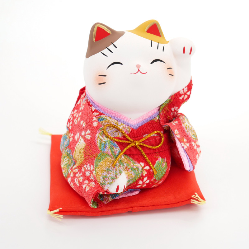 Gato manekineko japonés afortunado in ceramica, KIMONO, roja