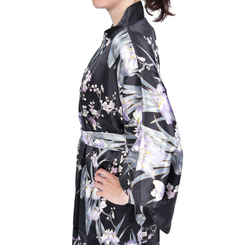 japanese black silk kimono yukata iris and plum for women