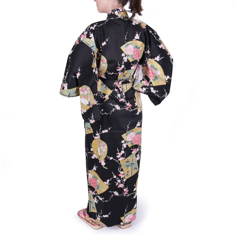japanese black sateen cotton yukata princess and peony for women