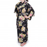 yukata japonais noir en coton satiné princesses et pivoine pour femme