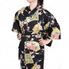 yukata japonais noir en coton satiné princesses et pivoine pour femme