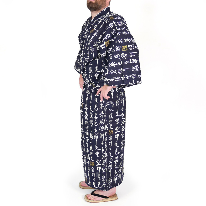 Japanese traditional blue navy cotton yukata kimono HANNYA sutra for men