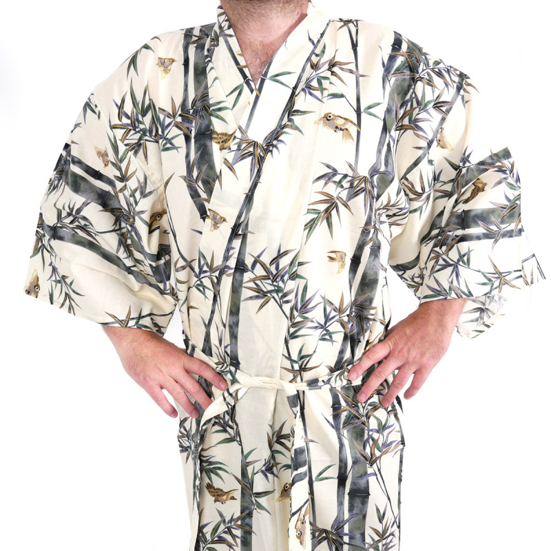 kimono yukata traditionnel japonais beige en coton bambou et oiseaux pour homme