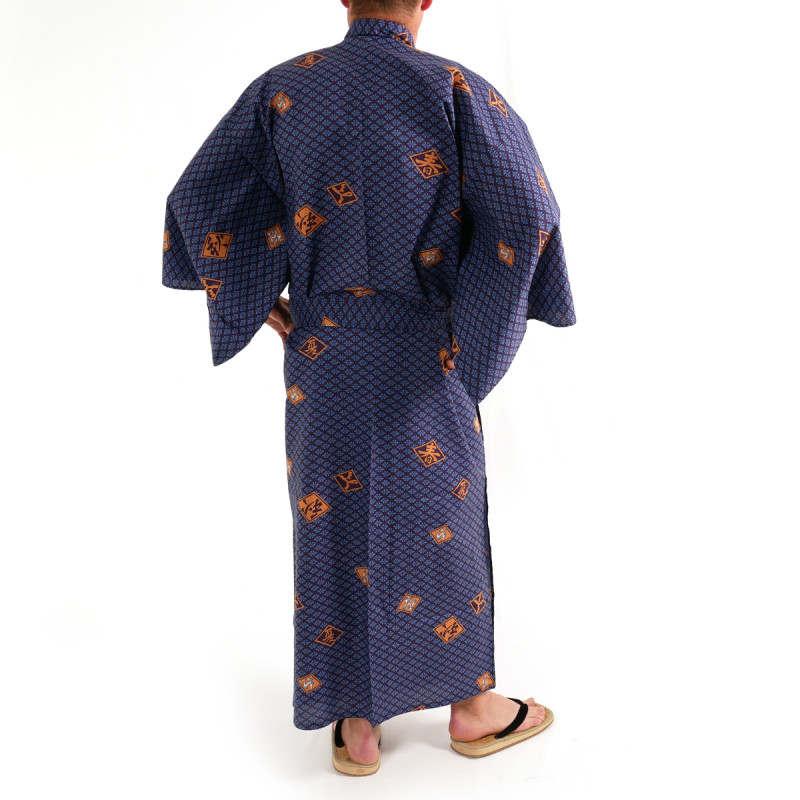Japanese traditional blue navy cotton yukata kimono diamond pattern for men