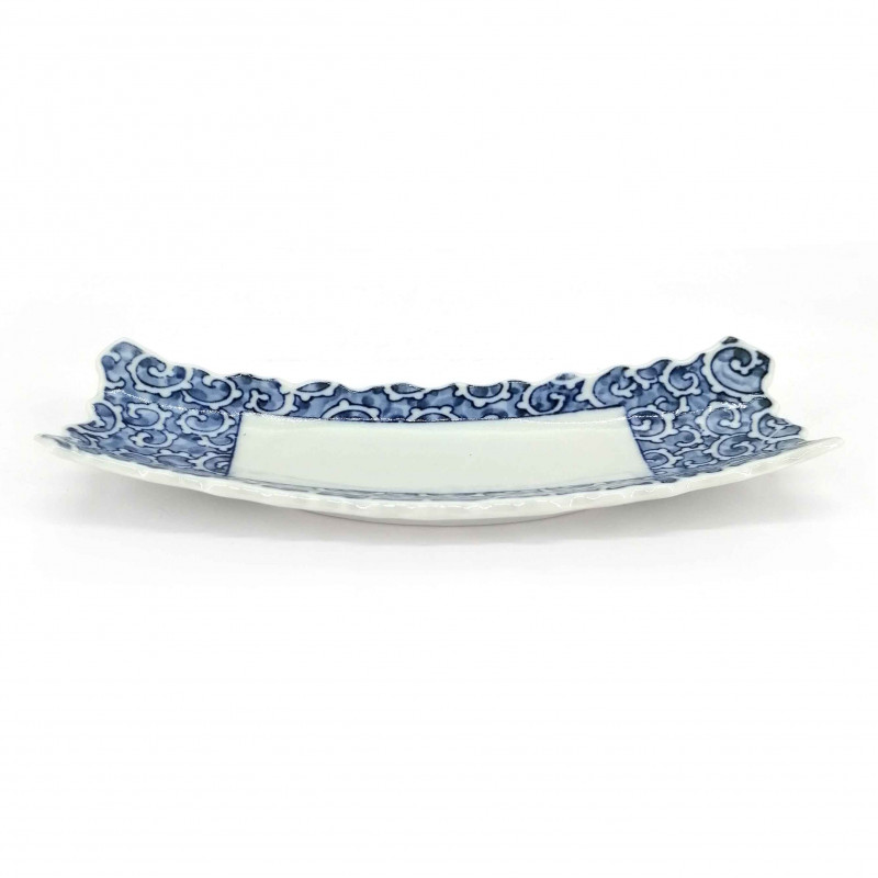 Japanese rectangular plate, white with blue patterns, KARAKUSA