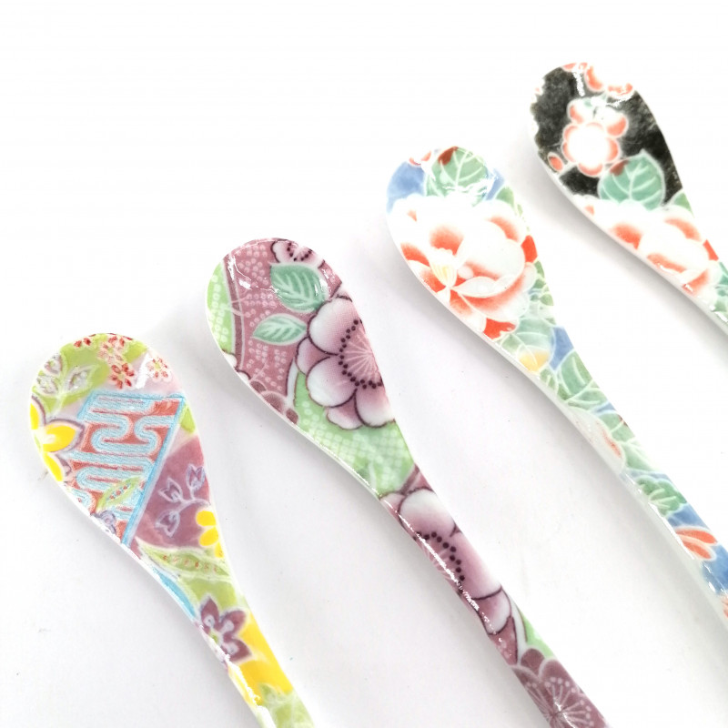 Set di 4 cucchiai in ceramica, fiori colorati, IROTORIDORI NO HANA