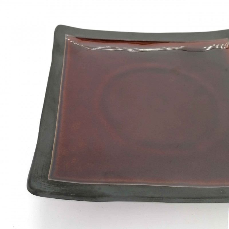 Japanische quadratische Keramikplatte, rohe Kante, braun emaillierte Mitte, KIGAMI