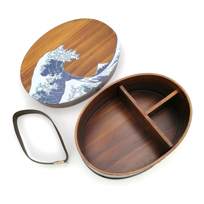 Portapranzo giapponese ovale bento in legno di cedro con motivo a onde, NAMIURA