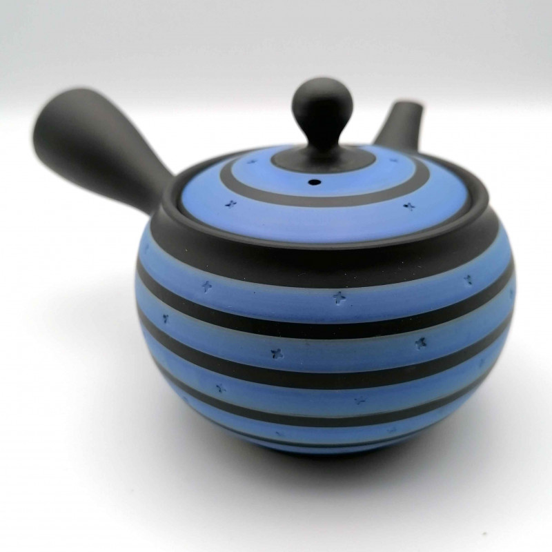 Japanische Teekanne Tokoname Kyusu, GYO, schwarze und blaue Linien