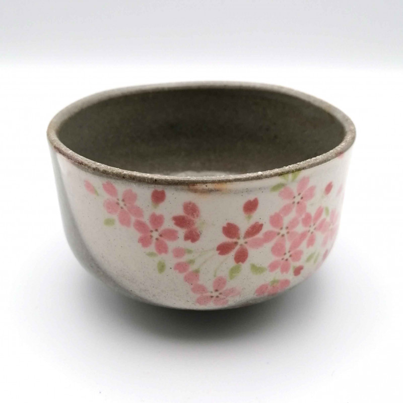 Cuenco de té de cerámica japonesa, SAKURA, gris y rosa