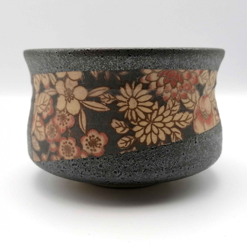 Cuenco de té japonés de cerámica, KURO FURURU, negro y flores