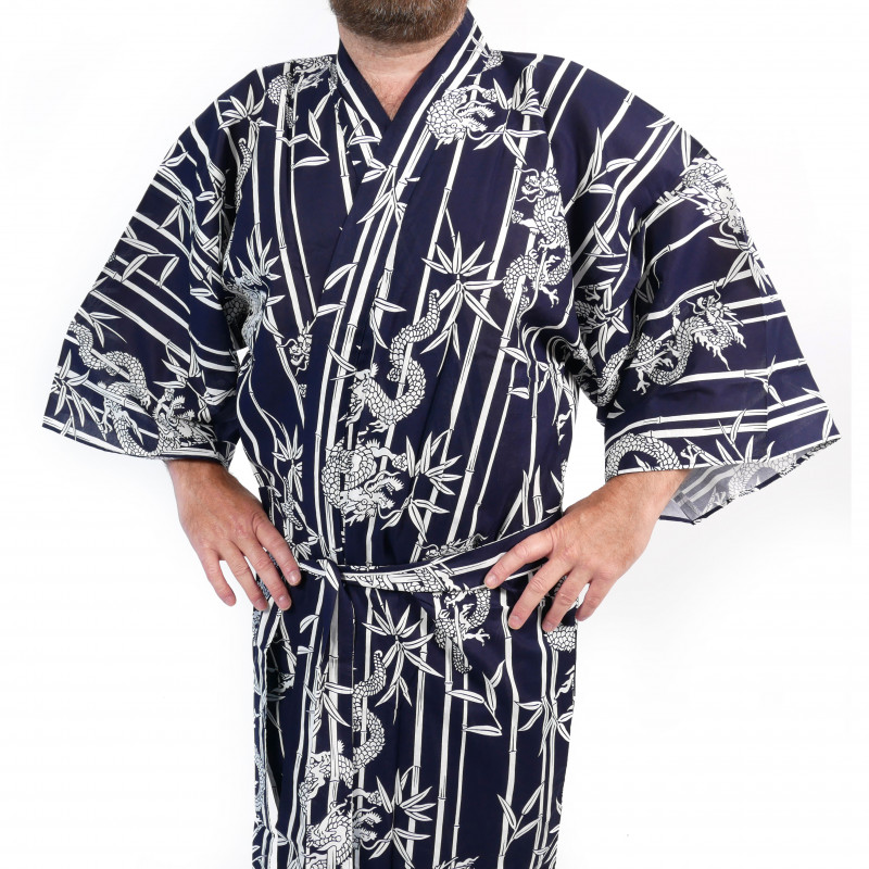 Kimono tradizionale giapponese happi blu in cotone di bambù e drago per uomo