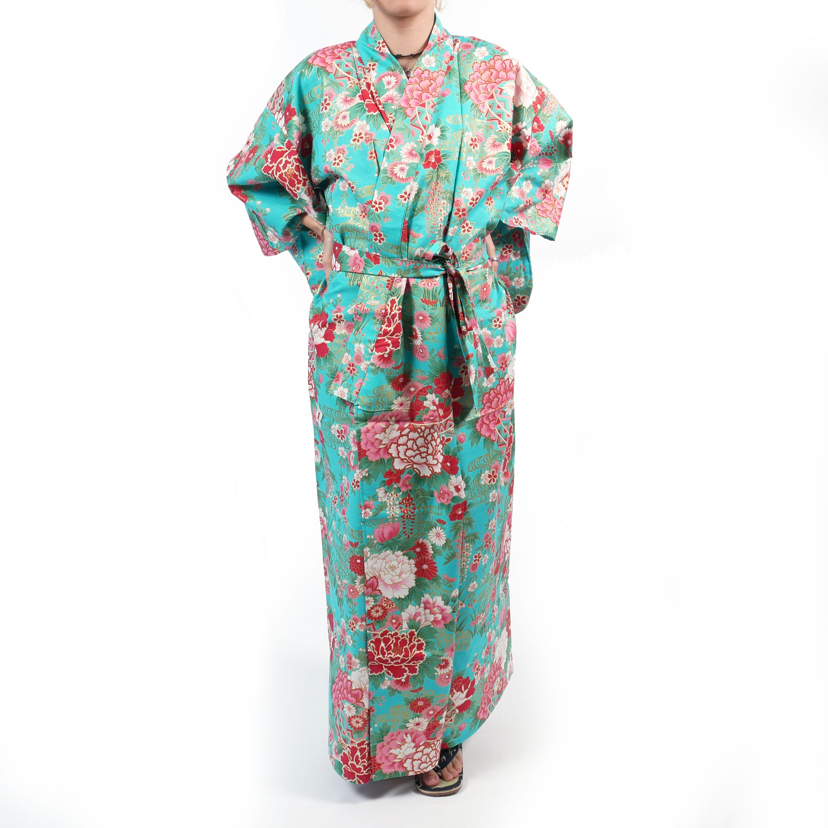 Japanischer traditioneller und Pfingstrosen Yukata-Kimono Baumwoll-Temari-Kugeln aus für türkisfarbener Frauen