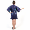 Kimono jinbei traditionnel japonais bleu en coton oiseau et fleurs prune pour femme