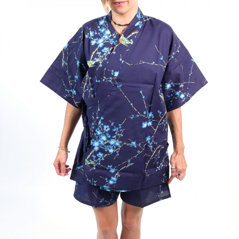 Kimono jinbei traditionnel japonais bleu en coton oiseau et fleurs prune pour femme
