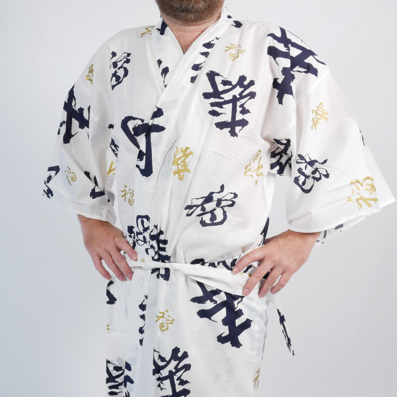 Japanese traditional happi kimono white cotton longevity kanji for men