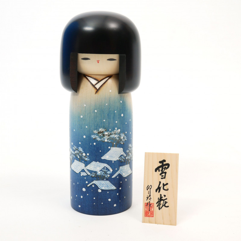 Bambola giapponese kokeshi blu con motivo a neve che cade, YUKI GESHO