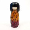 Japanese orange kokeshi doll with dancing cranes pattern, TSURU NO MAI