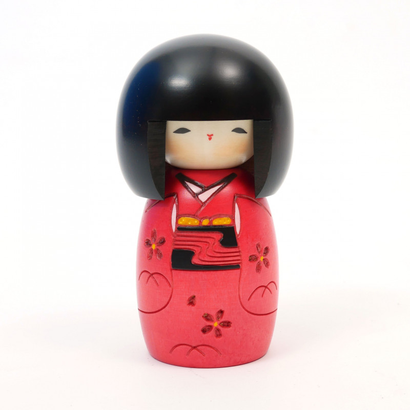 Bambola kokeshi giapponese con motivo di ragazza in rosso, AKA OSANAGO
