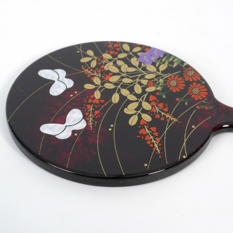 Kleiner schwarzer japanischer Harzspiegel mit Blumen- und Schmetterlingsmuster, MIYABINO
