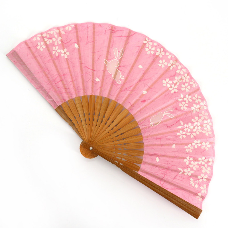 Ventaglio giapponese rosa in poliestere e bambù con motivo coniglio e fiori di ciliegio, USAGI SAKURA, 19,5 cm