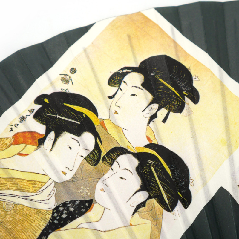 Abanico japonés gris en papel y estampado de bambú estampados japoneses Ukiyo-e, UTAMARO, 22,5cm