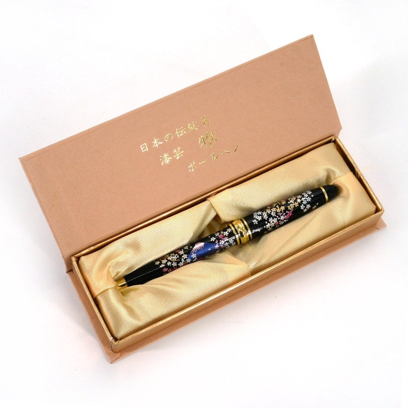 Japanese black ballpoint pen in box with Mont Fuji motif and cherry blossoms, SAKURAFUJI, 133mm