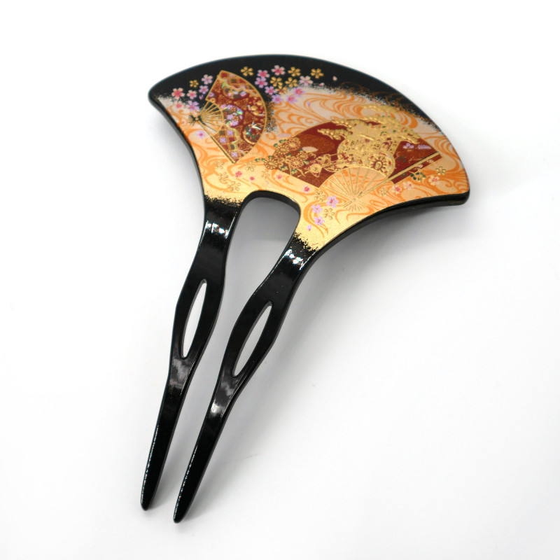 Palillo de pelo japonés de resina negra con abanicos y patrón de carro, KYOUMIYABI, 13,2cm