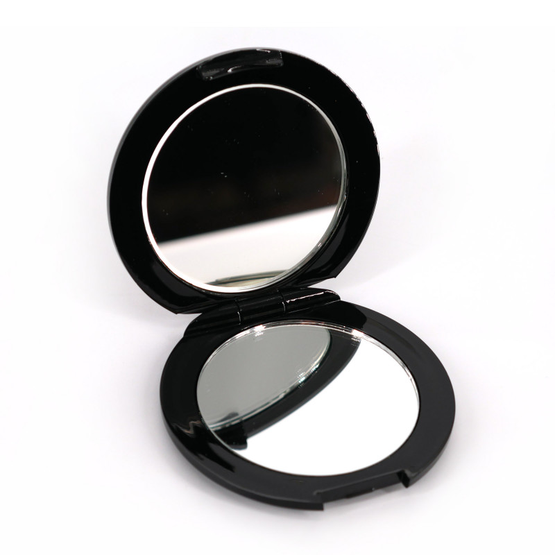 Miroir de poche japonais rond noir en résine motif mont fuji et grues, FUJITSURU, 7cm