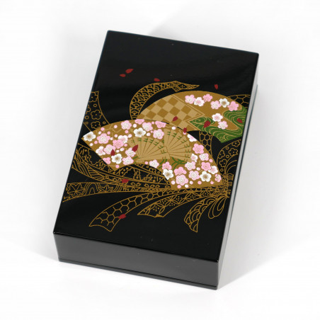 Japanese black resin storage box with fan pattern and ribbons, MUSUBISENMEN, 11x7.5x3.3cm