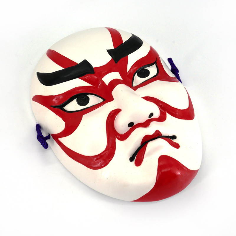 Kleine Noh-Maske, die ein traditionelles weiß-rotes Keramik-Make-up darstellt, KUMADORI, 9,7 cm