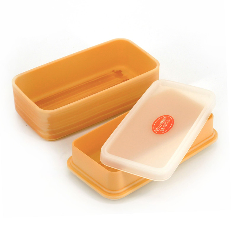 Brown rectangular Japanese bento lunch box with light wood pattern and its matching pair of chopsticks, WAPPA, 15.4cm