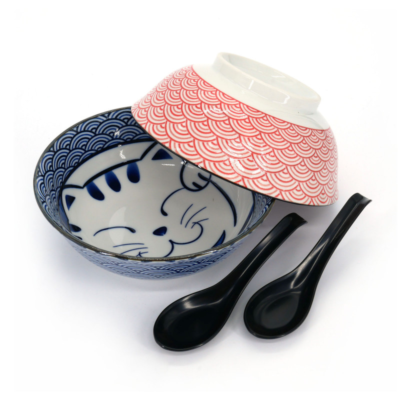 Set de 2 bols japonais en céramique rose et bleu avec cuillère  - NEKOTOSUPUN