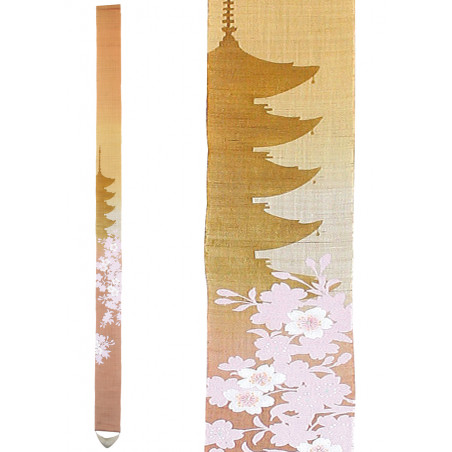 Fine tapisserie japonaise en chanvre jaune rose peinte à la main motif pagode à 5 étages, GOJUNOTO, 10x170cm