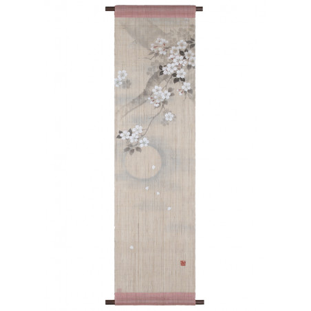 Hand painted beige and pink hemp tapestry cherry blossom and moon pattern, YOI NO TSUKI, 36x130cm