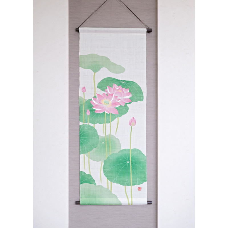Hand painted beige hemp tapestry with lotus and water lilies, HASUMI NO ASA, 45x120cm 