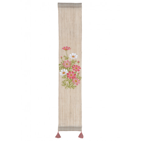 Feiner japanischer handbemalter beiger Hanfteppich mit Kosmosblumenmuster, KOSUMOSU, 10x60cm