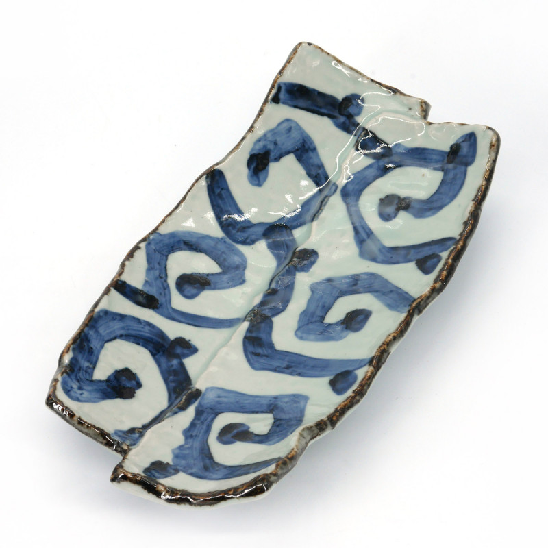 Japanische rechteckige Platte, weiß mit blauen Mustern, KARAKUSA
