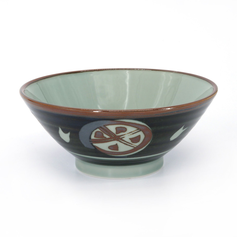 Petit bol à ramen japonais en céramique, bleu-vert foncé, motifs vagues et igeta, NAMIGETA