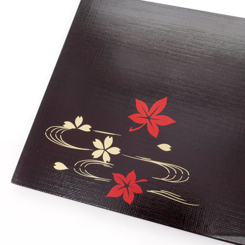 Black rectangle sushi tray in resin with maple leaves and cherry blossoms, MOMIJI SAKURA, 25.5 cm