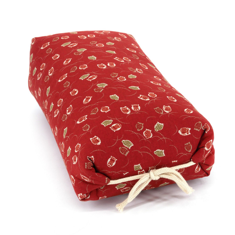 Japanese red makura cushion with owl pattern, FUKURO, 32cm
